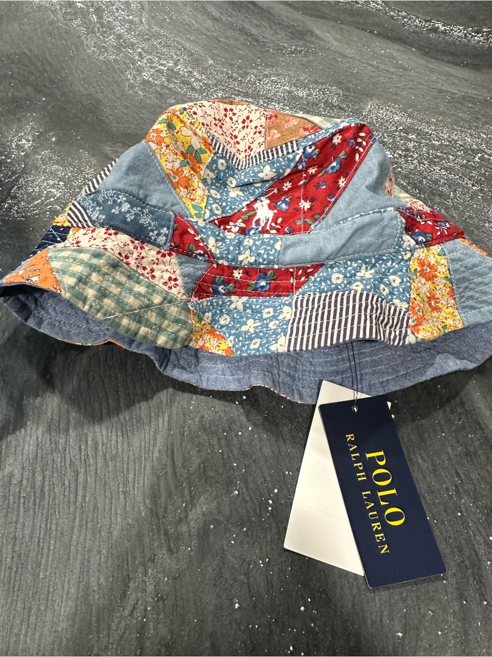Polo by Ralph Lauren Blue Chambray Bucket Hat with Multi Patch Edge
